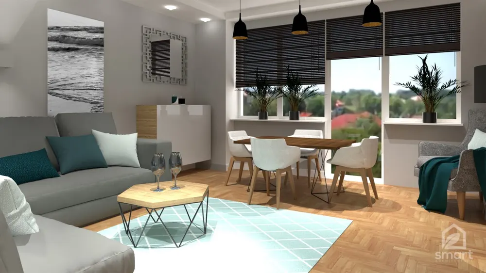 Salon z jadalnią, szarym narożnikiem, heksagonalnym stolikiem i jodełką na podłodze