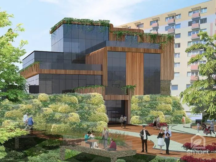 Wizualizacja budynku usługowo-biurowego z drewnianą okładziną, szklanymi bryłami i zielonymi tarasami