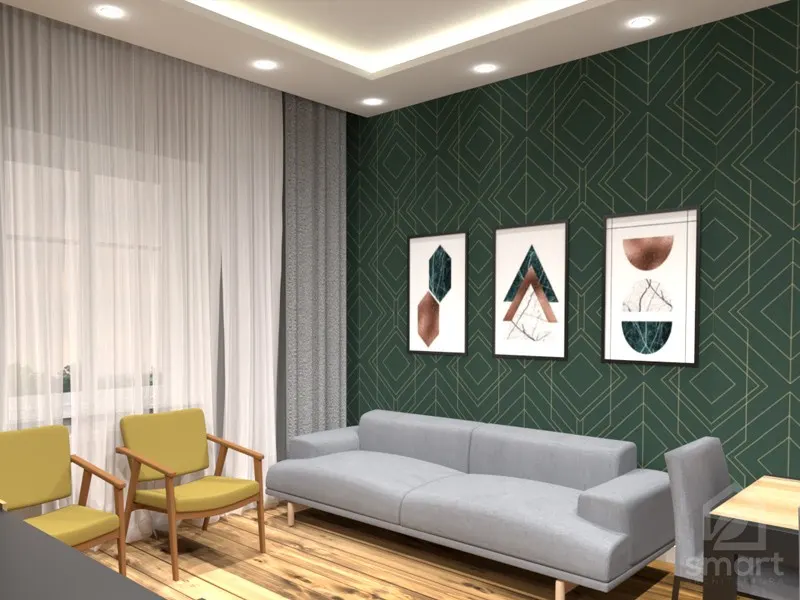 Salon z szarą sofą, musztardowymi fotelami, zieloną tapetą i podświetlanym sufitem