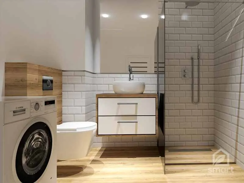 Wariant małej łazienki z drewnianą zabudową stelaża WC i białymi płytkami typu cegiełka