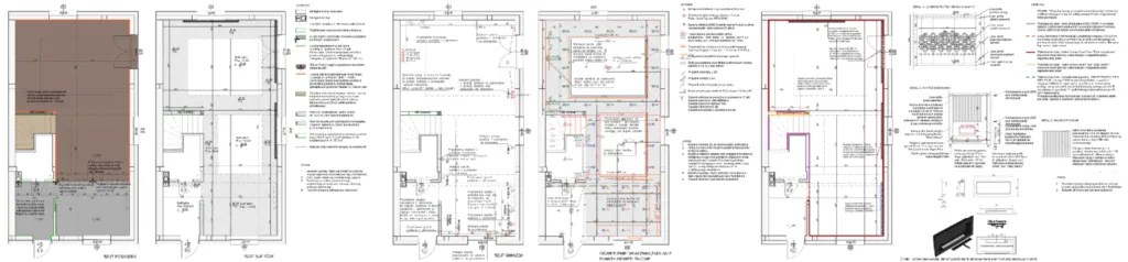 Przykładowe plansze z rzutami sufitów, posadzek oraz wykończeniem ścian, a także rzut zawierający instalacje elektryczne